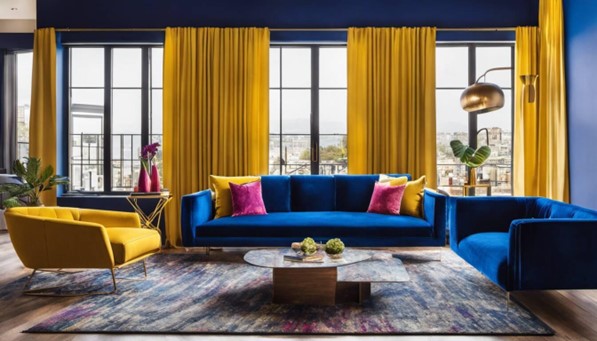 Colorful Couch and curtains, interior design with colors by The Cultured Palate